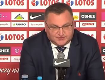 Grazyna Rzewuska husband Football Coach Czeslaw Michniewicz during press conference.